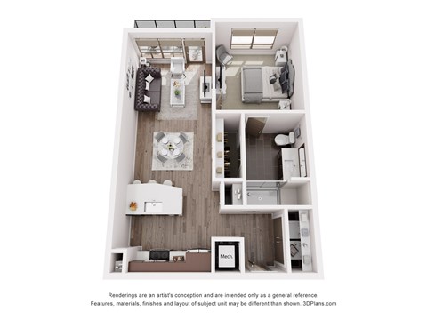 Floor plan for 1 bed, 1 bath, 666 sqft